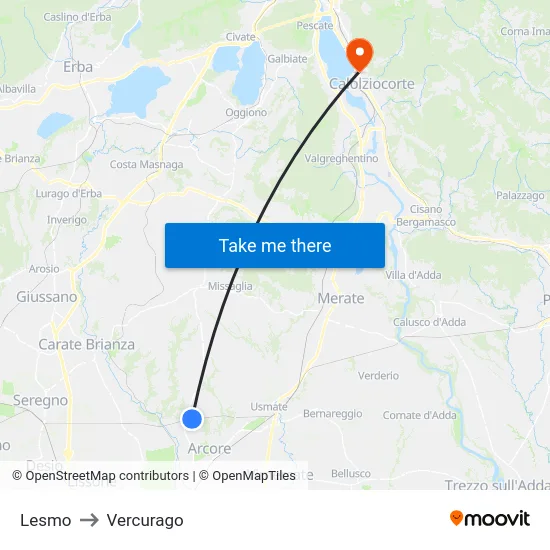 Lesmo to Vercurago map