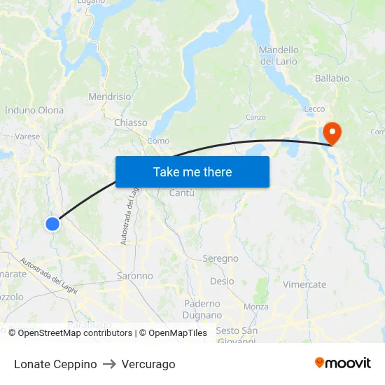 Lonate Ceppino to Vercurago map
