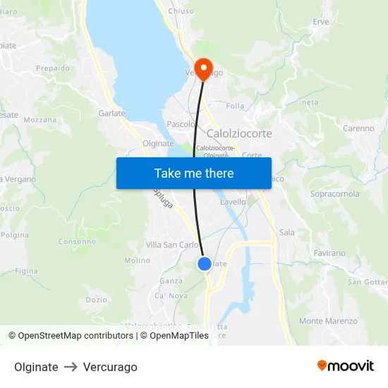 Olginate to Vercurago map