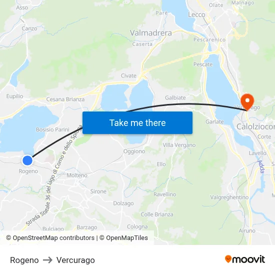 Rogeno to Vercurago map