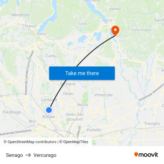 Senago to Vercurago map