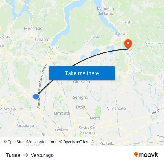 Turate to Vercurago map