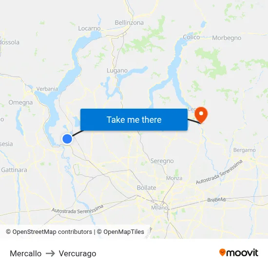 Mercallo to Vercurago map