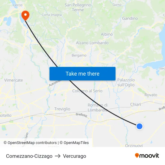 Comezzano-Cizzago to Vercurago map