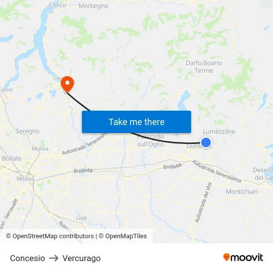 Concesio to Vercurago map
