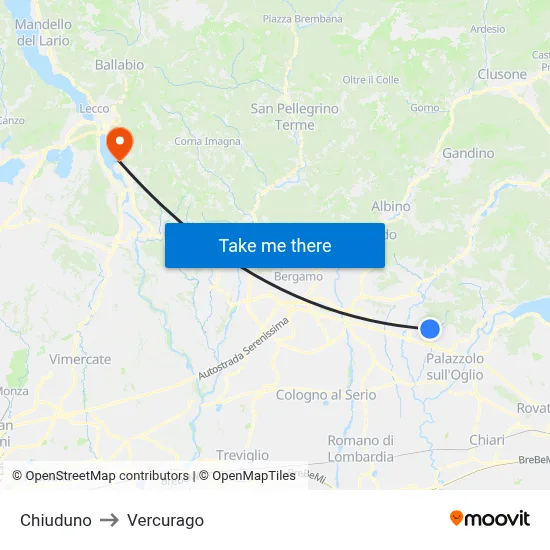 Chiuduno to Vercurago map