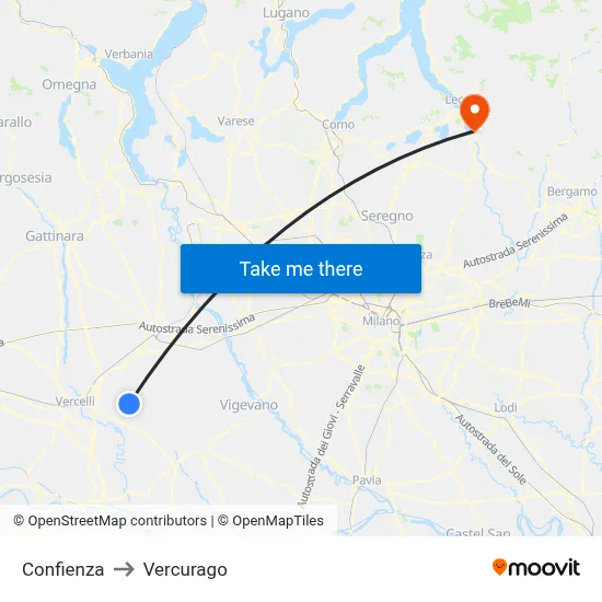 Confienza to Vercurago map