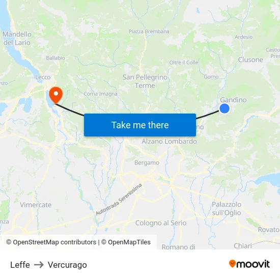 Leffe to Vercurago map