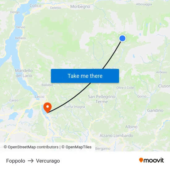 Foppolo to Vercurago map