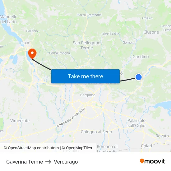 Gaverina Terme to Vercurago map