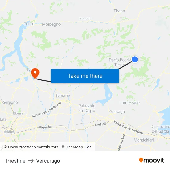 Prestine to Vercurago map