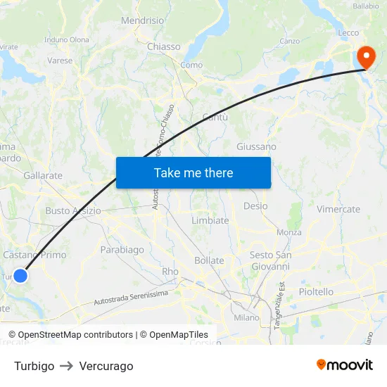 Turbigo to Vercurago map
