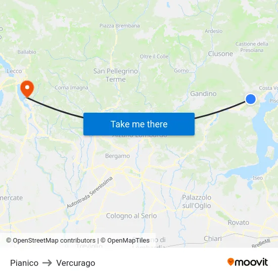 Pianico to Vercurago map