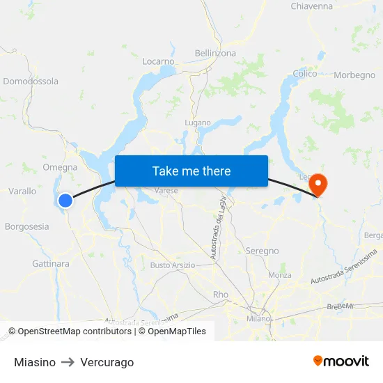 Miasino to Vercurago map