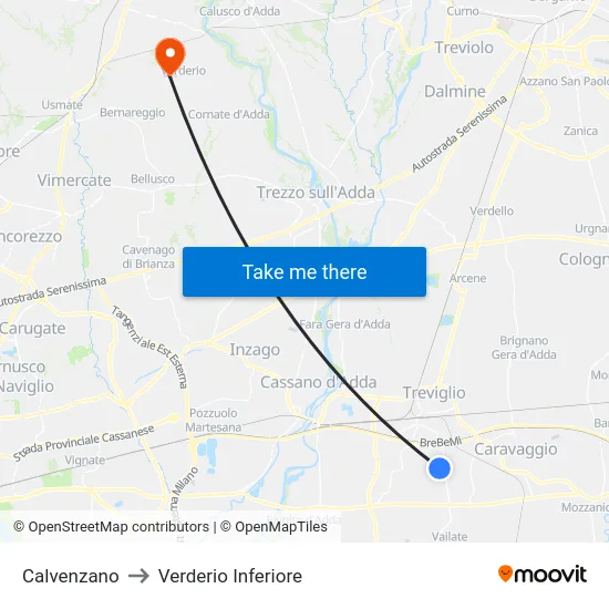 Calvenzano to Lower Verderio map