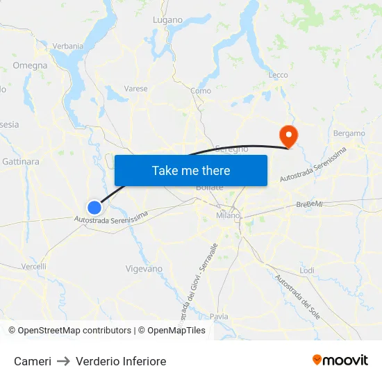 Cameri to Lower Verderio map