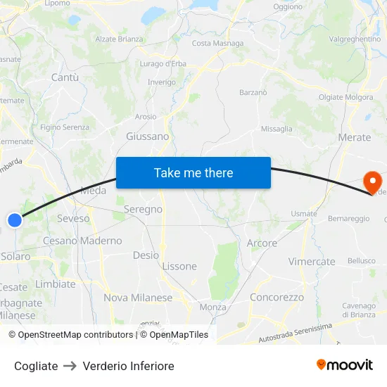 Cogliate to Lower Verderio map