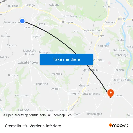 Cremella to Lower Verderio map