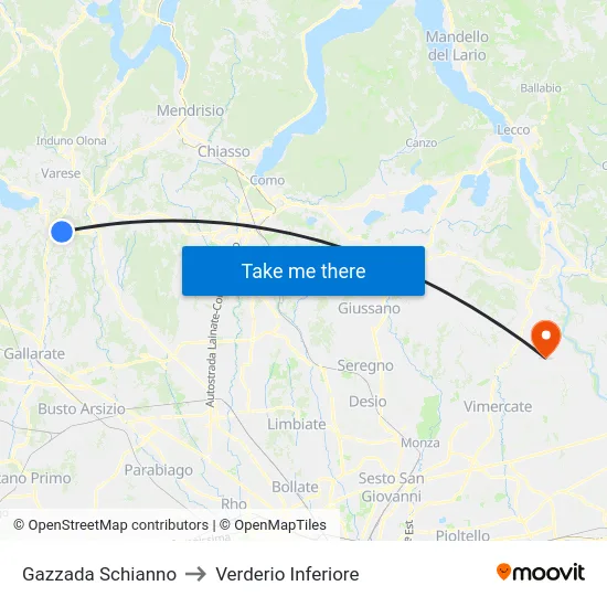 Gazzada Schianno to Lower Verderio map