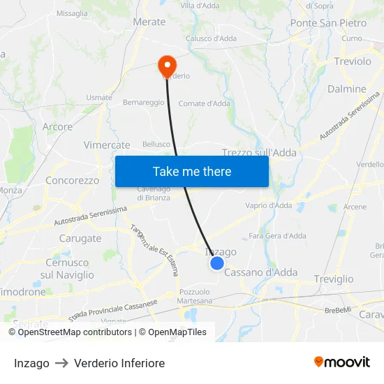 Inzago to Lower Verderio map
