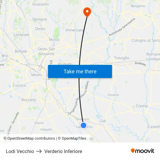Lodi Vecchio to Lower Verderio map