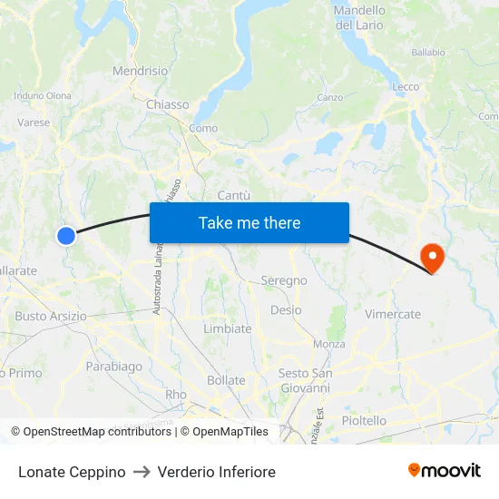 Lonate Ceppino to Lower Verderio map