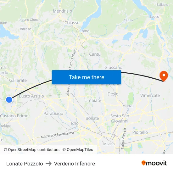 Lonate Pozzolo to Lower Verderio map