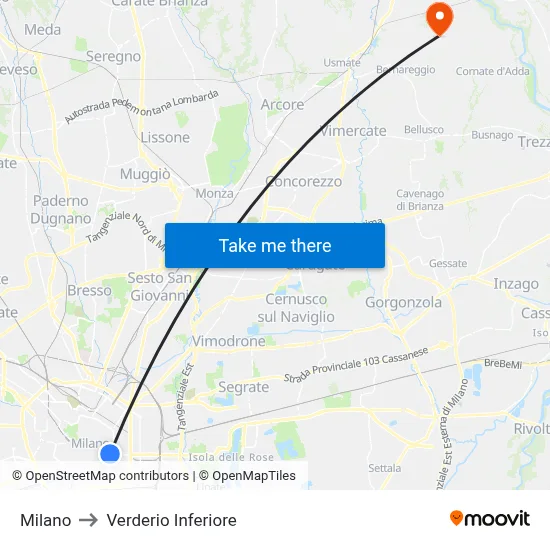 Milan to Lower Verderio map