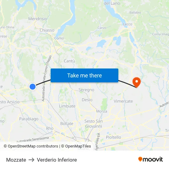 Mozzate to Lower Verderio map