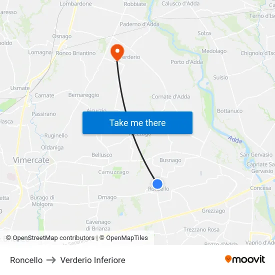 Roncello to Verderio Inferiore map
