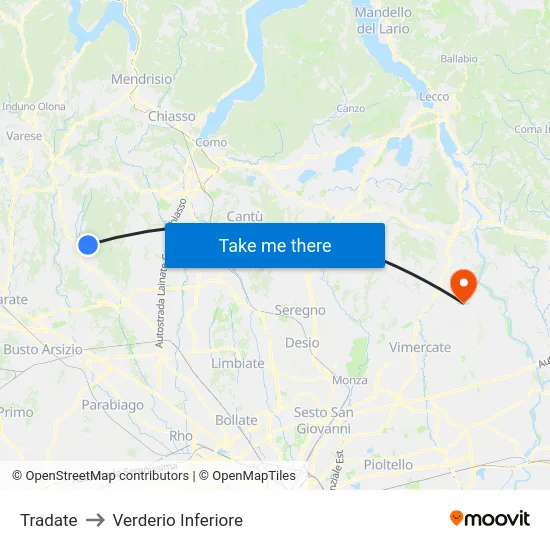 Tradate to Lower Verderio map