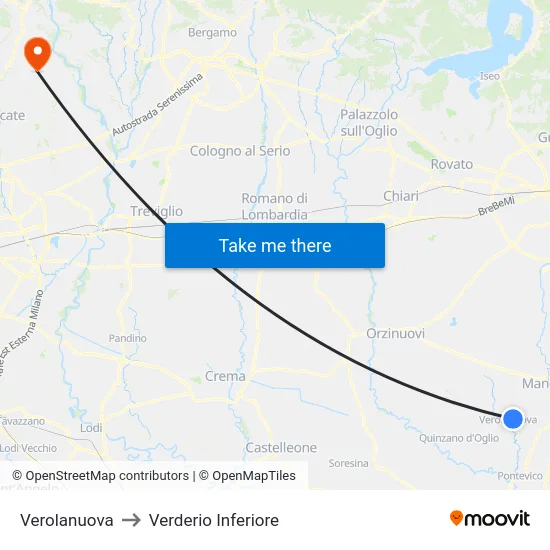 Verolanuova to Lower Verderio map