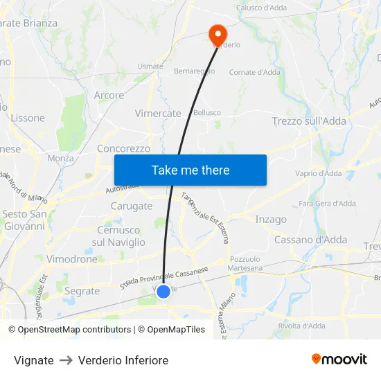 Vignate to Lower Verderio map