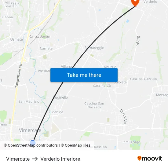 Vimercate to Lower Verderio map