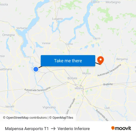 Malpensa Aeroporto T1 to Verderio Inferiore map