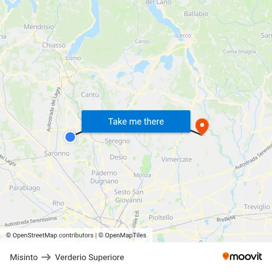 Misinto to Verderio Superiore map