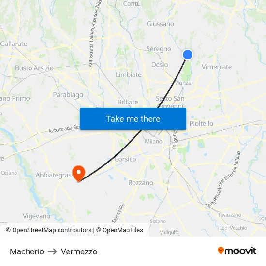 Macherio to Vermezzo map