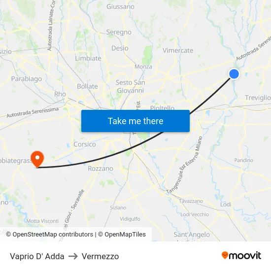 Vaprio d'Adda to Vermezzo map