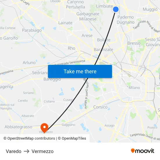 Varedo to Vermezzo map