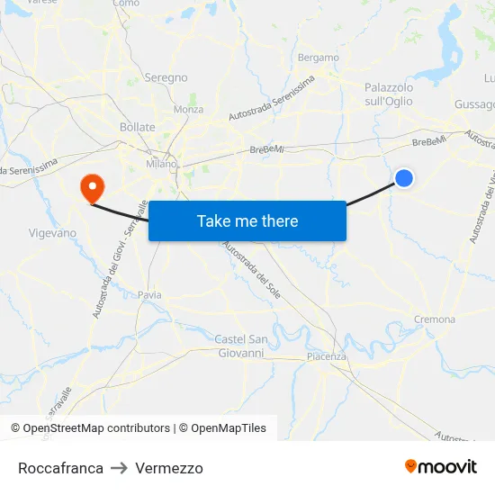 Roccafranca to Vermezzo map