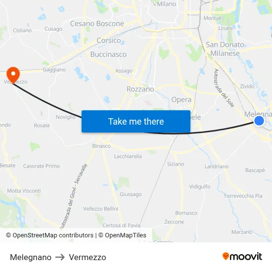 Melegnano to Vermezzo map