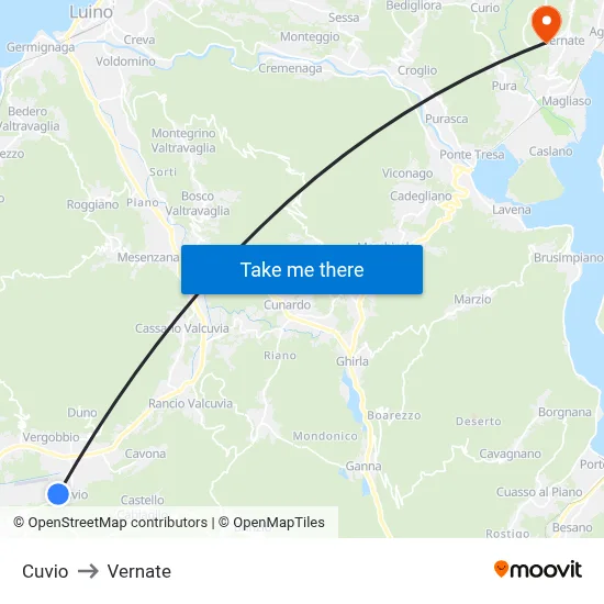 Cuvio to Vernate map