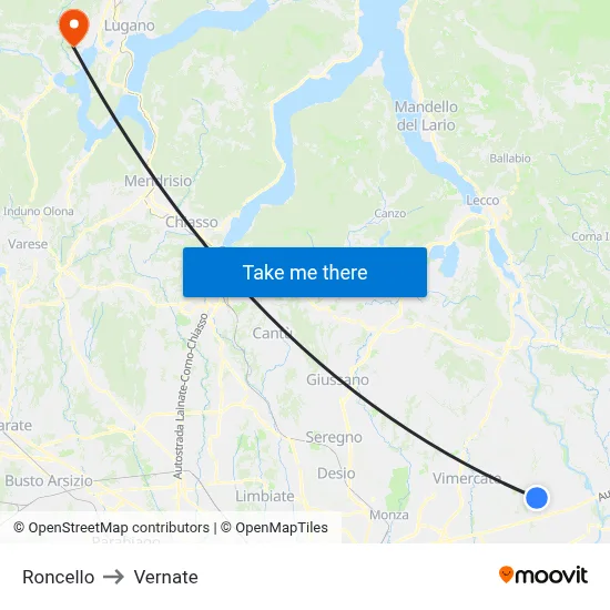 Roncello to Vernate map