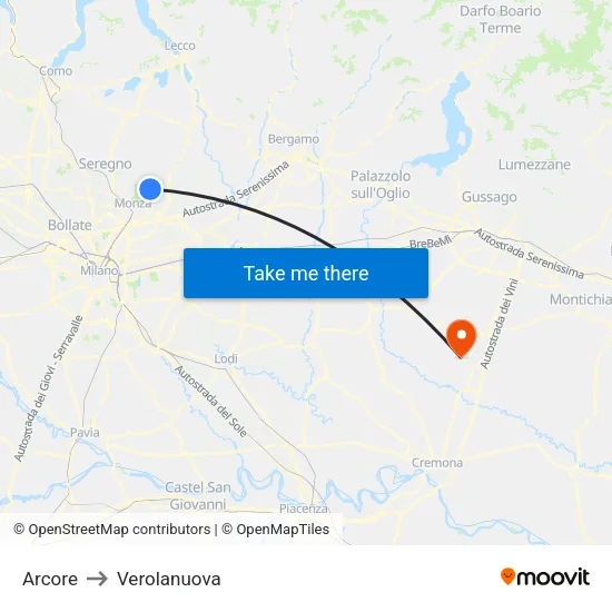 Arcore to Verolanuova map