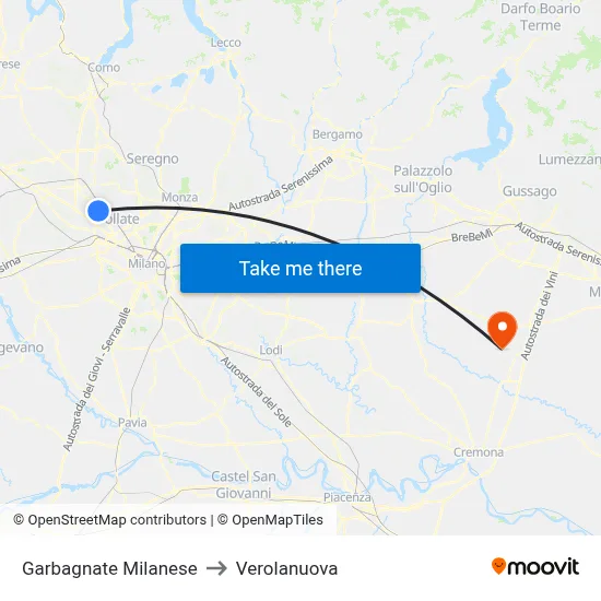 Garbagnate Milanese to Verolanuova map