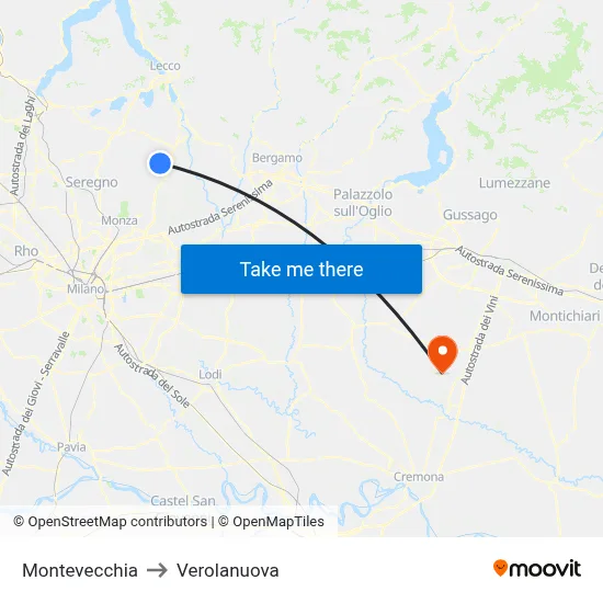 Montevecchia to Verolanuova map