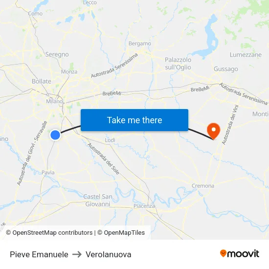 Pieve Emanuele to Verolanuova map