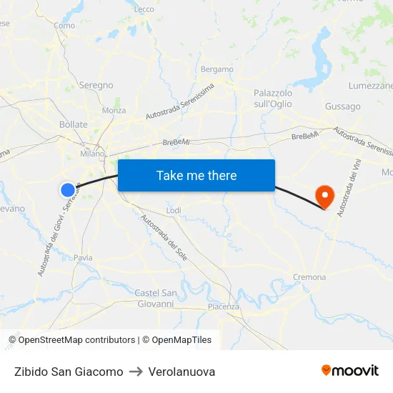 Zibido San Giacomo to Verolanuova map
