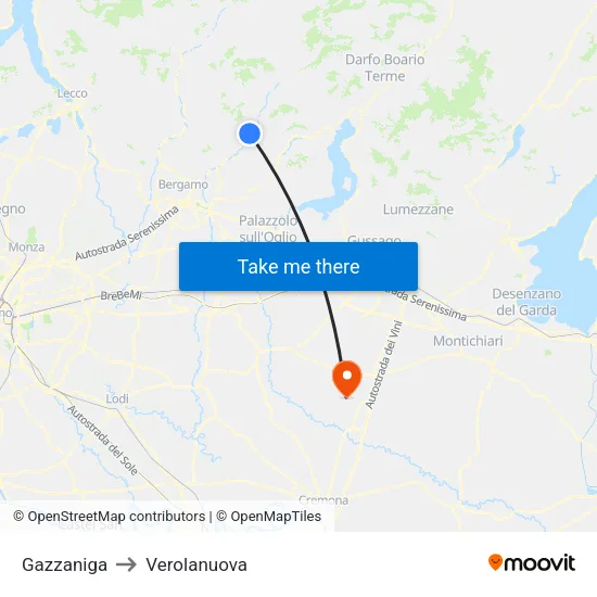 Gazzaniga to Verolanuova map