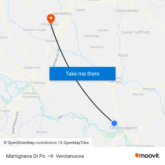 Martignana di Po to Verolanuova map